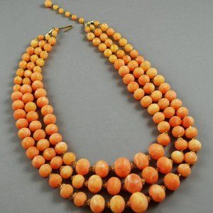 Triple Strand Orange w/ White Swirls Graduated Bead Vintage Necklace